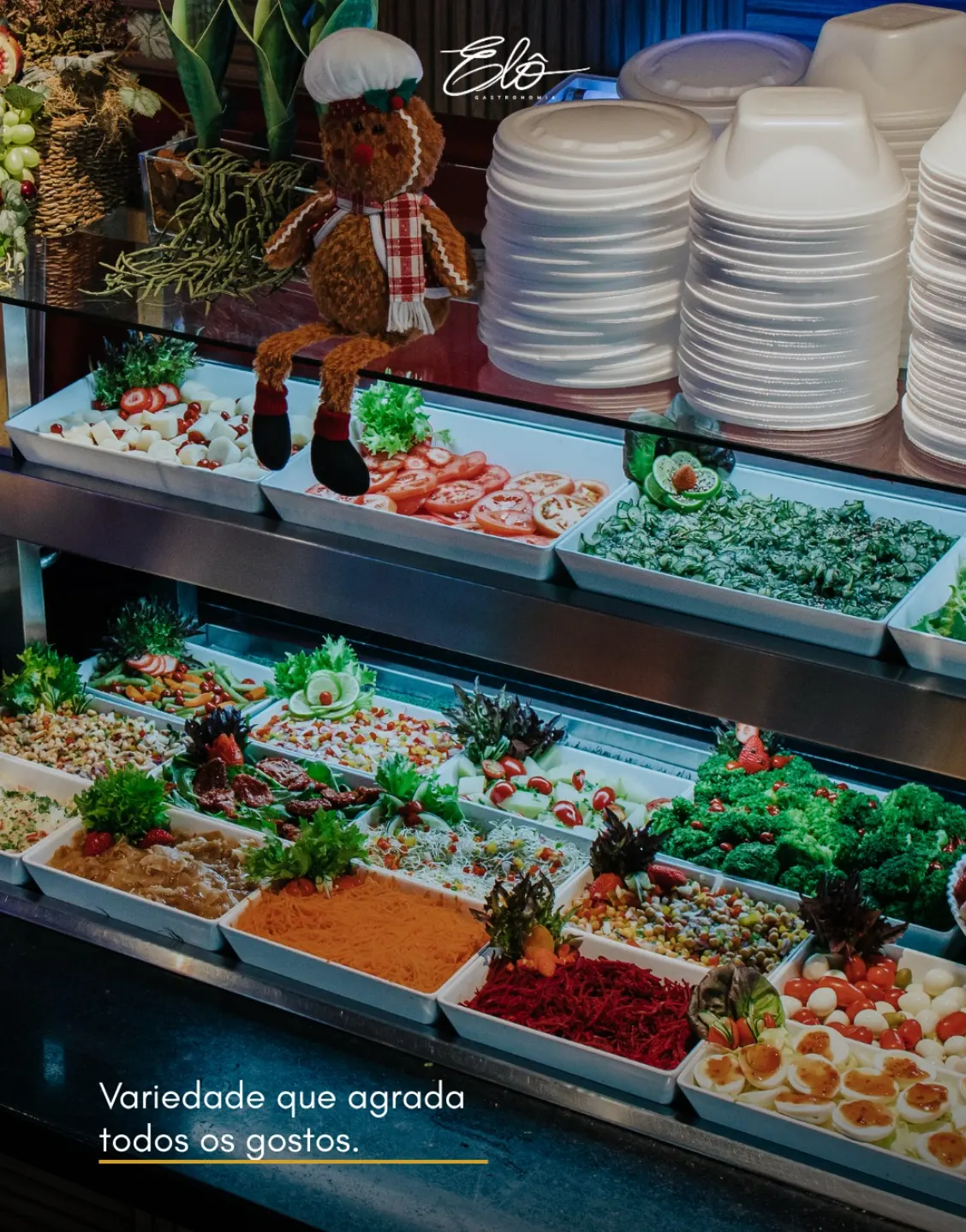 Buffet com variedade de saladas e acompanhamentos
